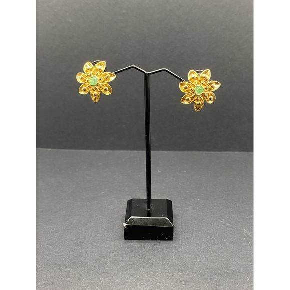 Vintage Gold Tone Flowers with Green Colored Rhinestone Earrings - Picture 2 of 5